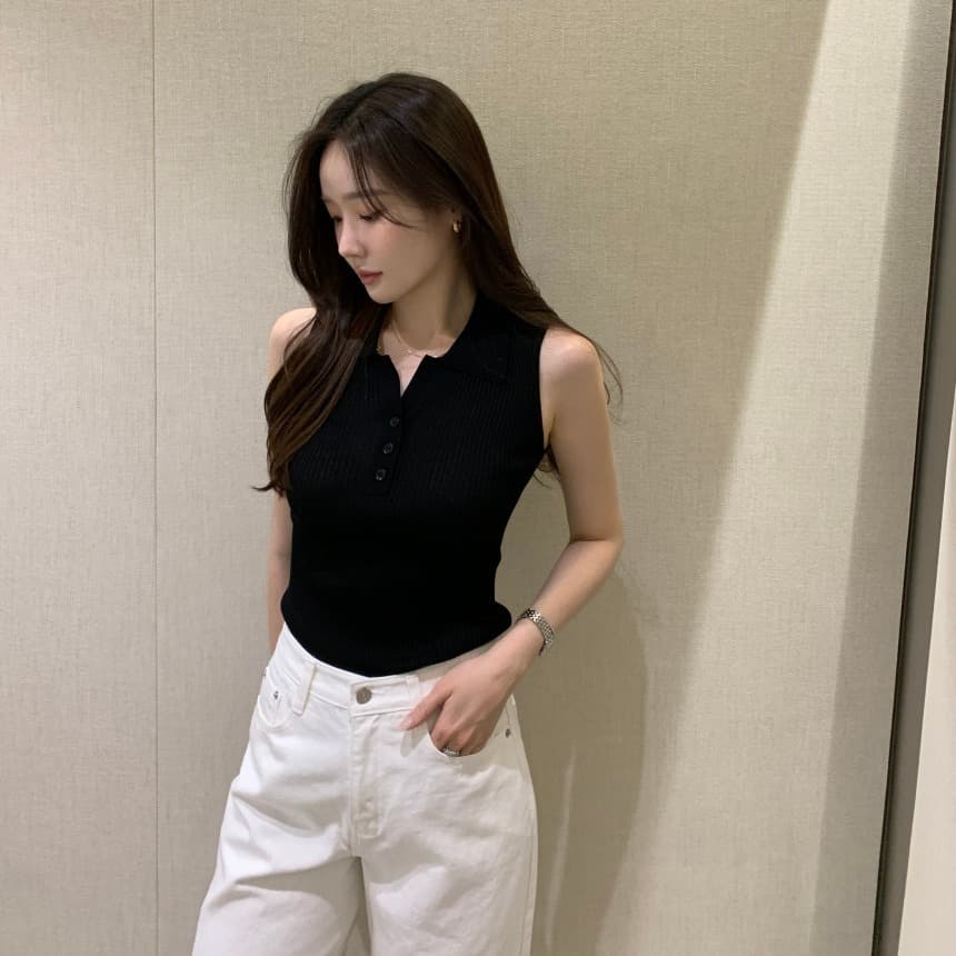 있음 선적 사이즈 업데이트 한국 chic 여름 새로운 얇은 스타일 폴로 칼라 품격 민소매 니트 스웨터 이미지 2