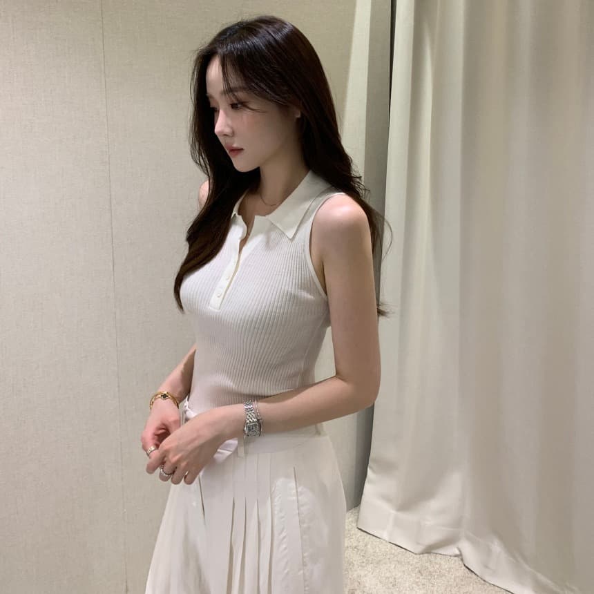 있음 선적 사이즈 업데이트 한국 chic 여름 새로운 얇은 스타일 폴로 칼라 품격 민소매 니트 스웨터 이미지 4