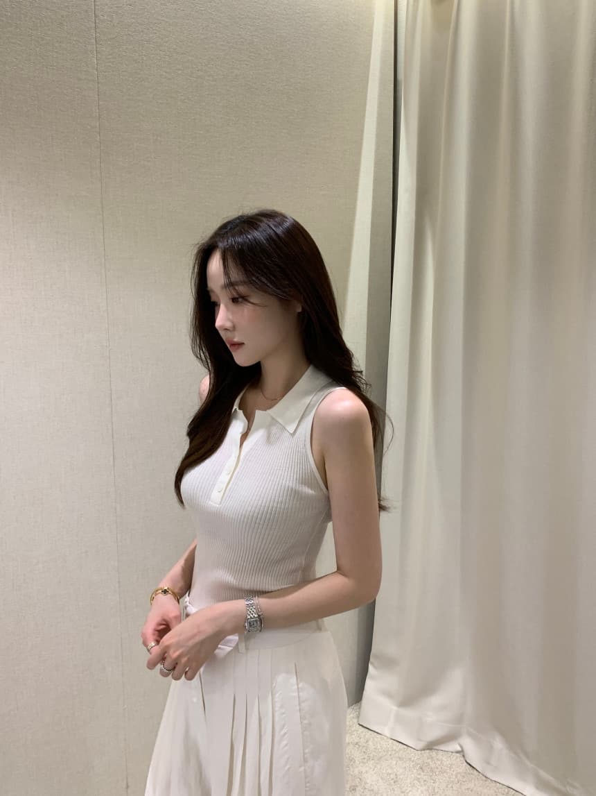 있음 선적 사이즈 업데이트 한국 chic 여름 새로운 얇은 스타일 폴로 칼라 품격 민소매 니트 스웨터 상세 이미지 12