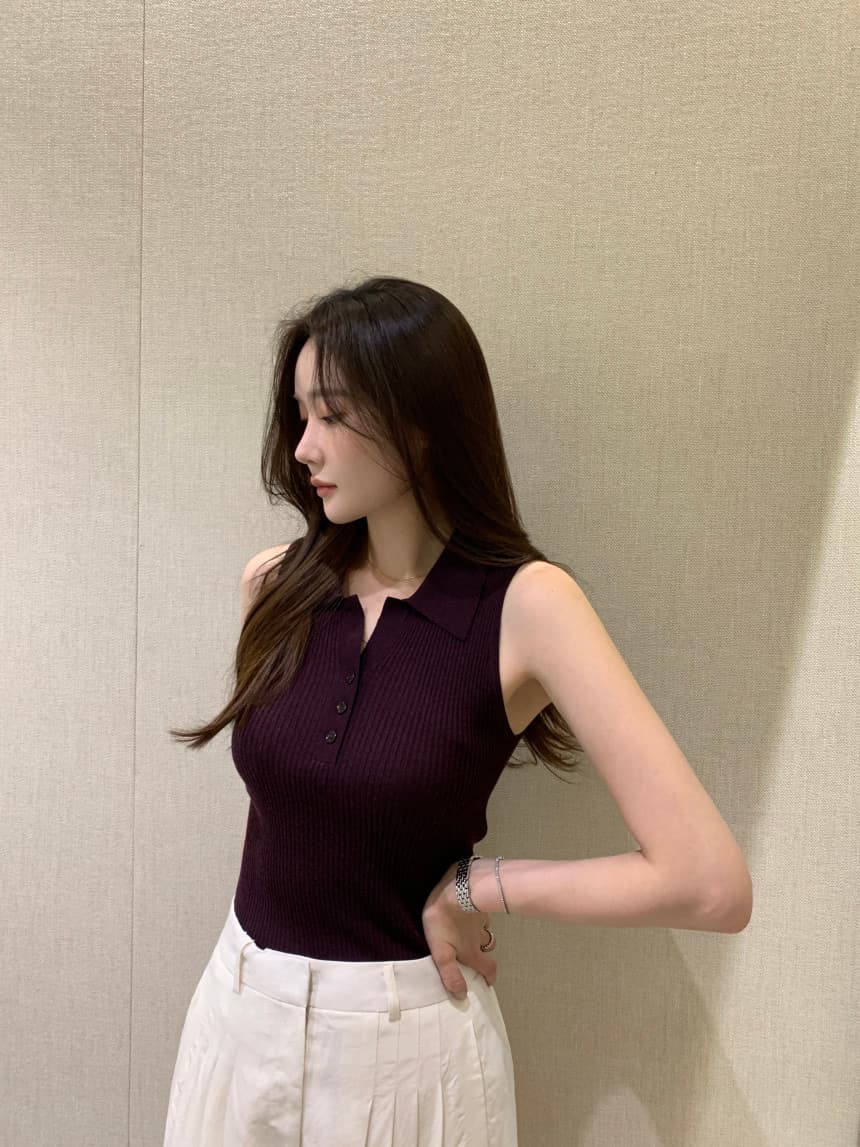 있음 선적 사이즈 업데이트 한국 chic 여름 새로운 얇은 스타일 폴로 칼라 품격 민소매 니트 스웨터 상세 이미지 23