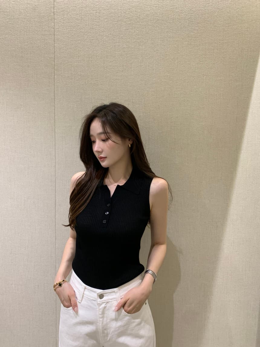 있음 선적 사이즈 업데이트 한국 chic 여름 새로운 얇은 스타일 폴로 칼라 품격 민소매 니트 스웨터 상세 이미지 24