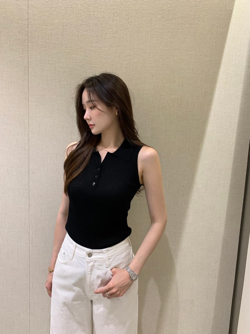 있음 선적 사이즈 업데이트 한국 chic 여름 새로운 얇은 스타일 폴로 칼라 품격 민소매 니트 스웨터 상세 이미지 34