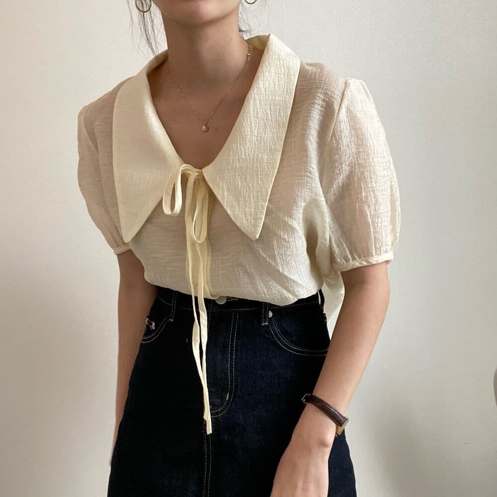 있음 선적 사이즈 업데이트 chic 디자인 센스 폴로 칼라 레이스업 거품 소매 여성 셔츠 품격 미니멀리즘 쇼트 스타일 셔츠 상세 이미지 11