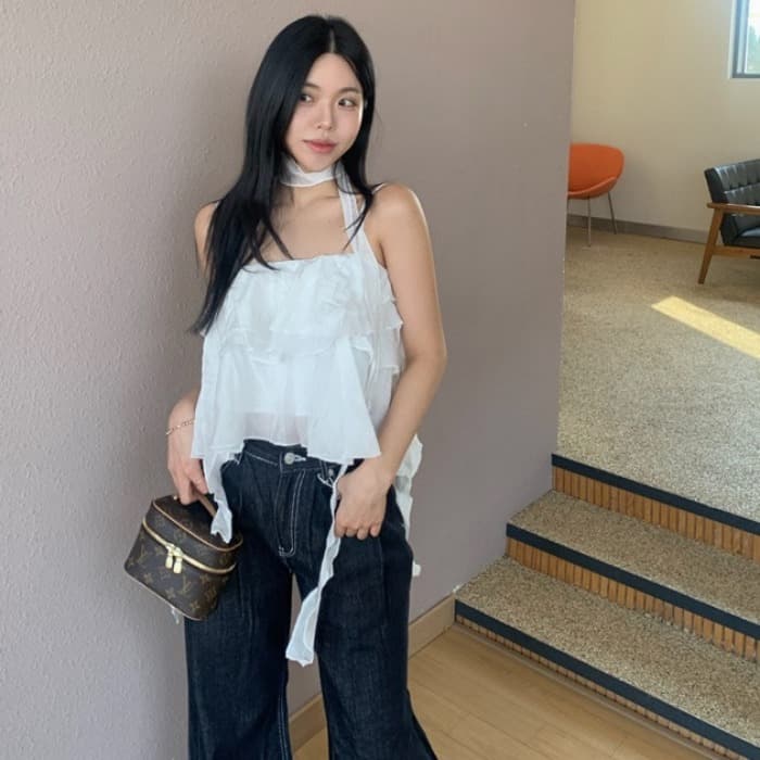 있음 선적 사이즈 업데이트 한국 chic 여름 새로운 프랑스식 달콤함 프릴 행침 목 레이스 캐미솔 이미지 3