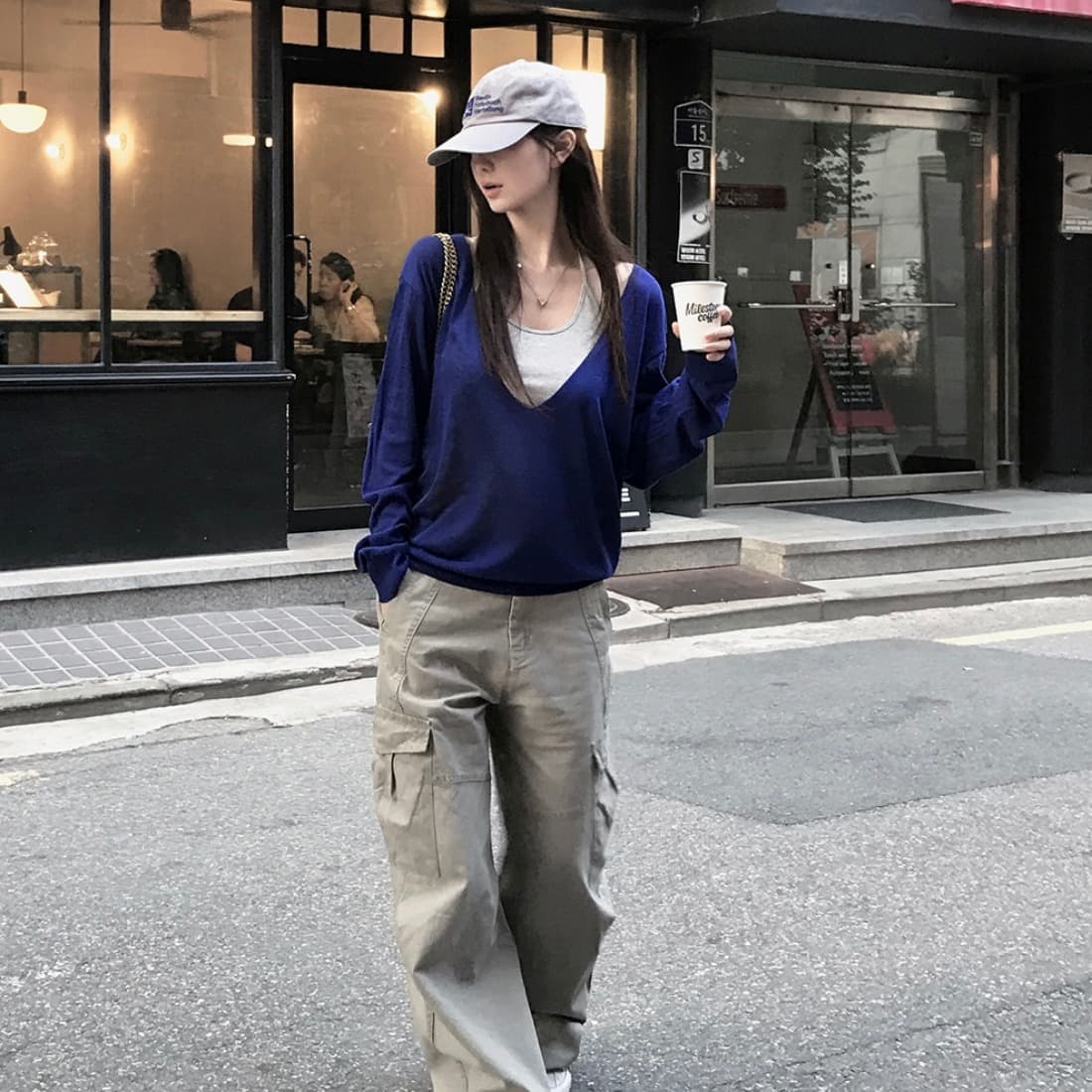 있음 선적 사이즈 업데이트 한국 chic 가을 새로운 빅 브이 넥 품격 느슨함 센스 얇은 스타일 긴팔 니트 스웨터 이미지 5