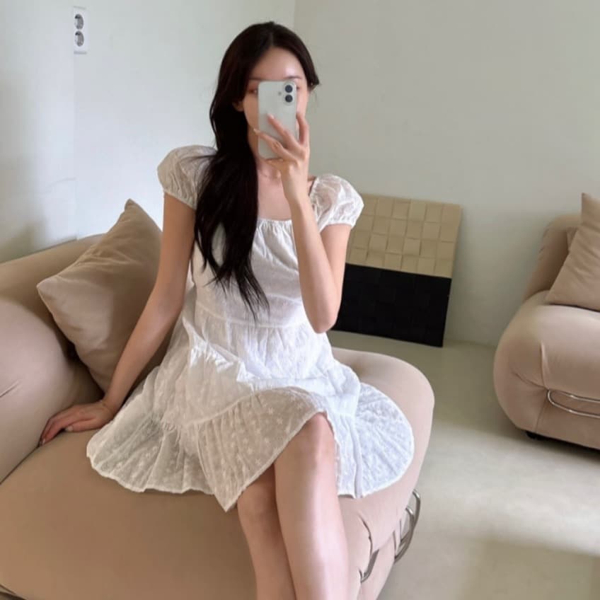 있음 선적 사이즈 업데이트 한국 chic 여름 달콤함 레이스 자수 귀여운 반팔 드레스 이미지 2