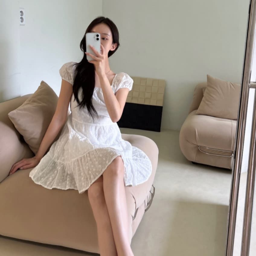 있음 선적 사이즈 업데이트 한국 chic 여름 달콤함 레이스 자수 귀여운 반팔 드레스 이미지 4