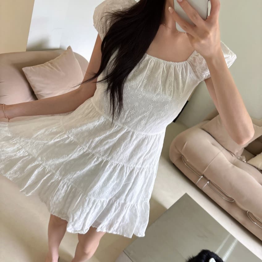 있음 선적 사이즈 업데이트 한국 chic 여름 달콤함 레이스 자수 귀여운 반팔 드레스 이미지 5