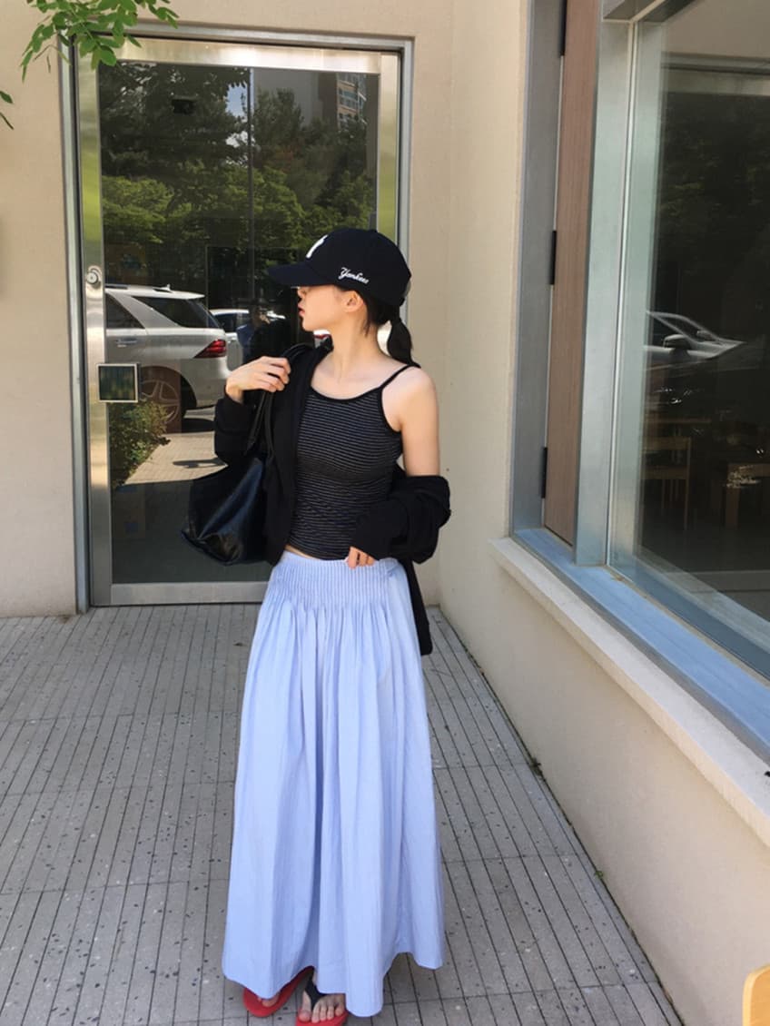 한국 chic 여름 새로운 ins 디자인 센스 주름 허리밴드 롱 코트 슬림해 보이는 반신 스커트 상세 이미지 6