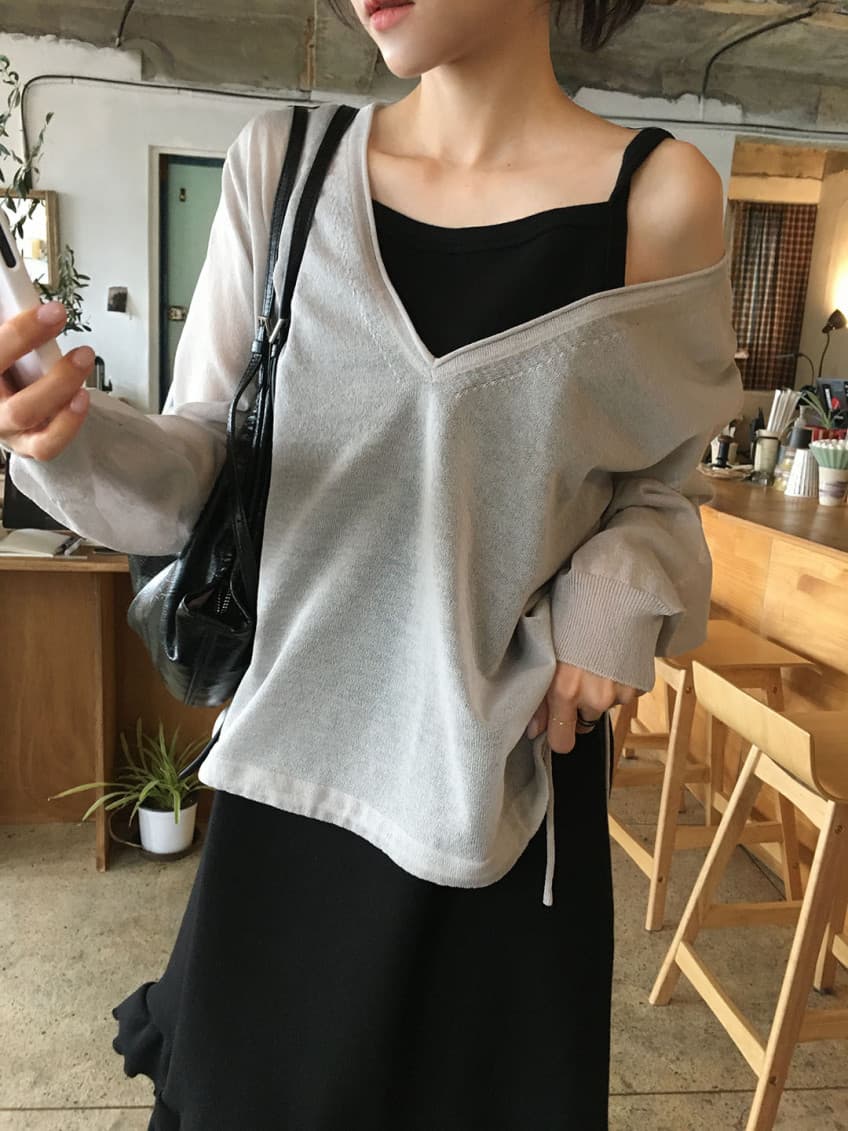 한국 chic 여름 새로운 오프숄더 빅 브이 넥 밑단 펌프 로프 레이스업 루즈핏 얇은 스타일 긴팔 니트 스웨터 상세 이미지 28