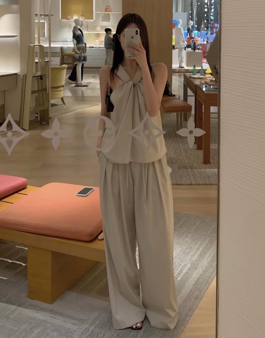 한국 chic 여름 새로운 고급 센스 스트라이프 행침 목 조끼 패치워크 밴딩 와이드 레그 팬츠 투피스 슈트 상세 이미지 1