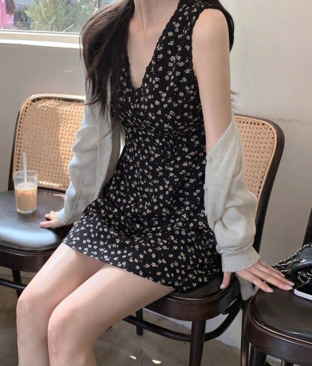 있음 선적 사이즈 업데이트 한국 chic 여름 새로운 ins 달콤함 레이스 조각 V넥 프린트 짧은 드레스