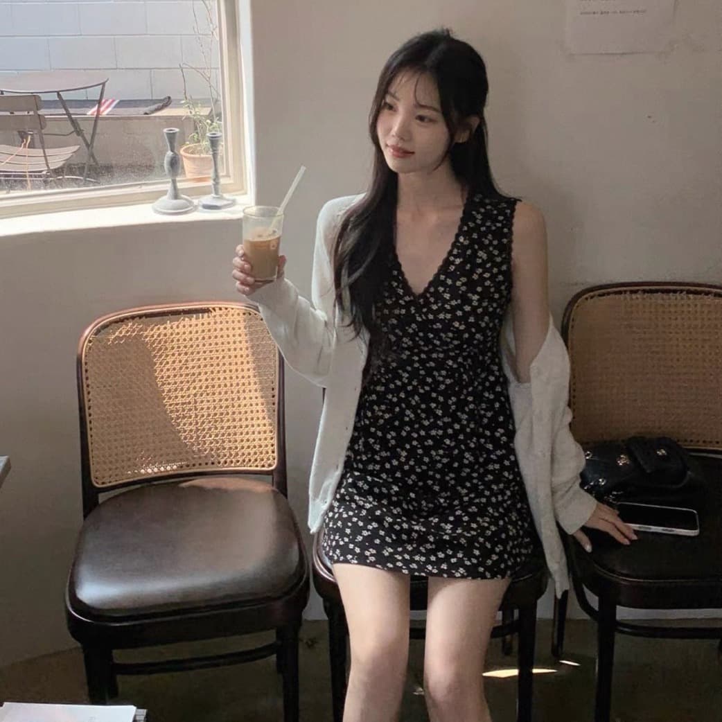 있음 선적 사이즈 업데이트 한국 chic 여름 새로운 ins 달콤함 레이스 조각 V넥 프린트 짧은 드레스 이미지 5