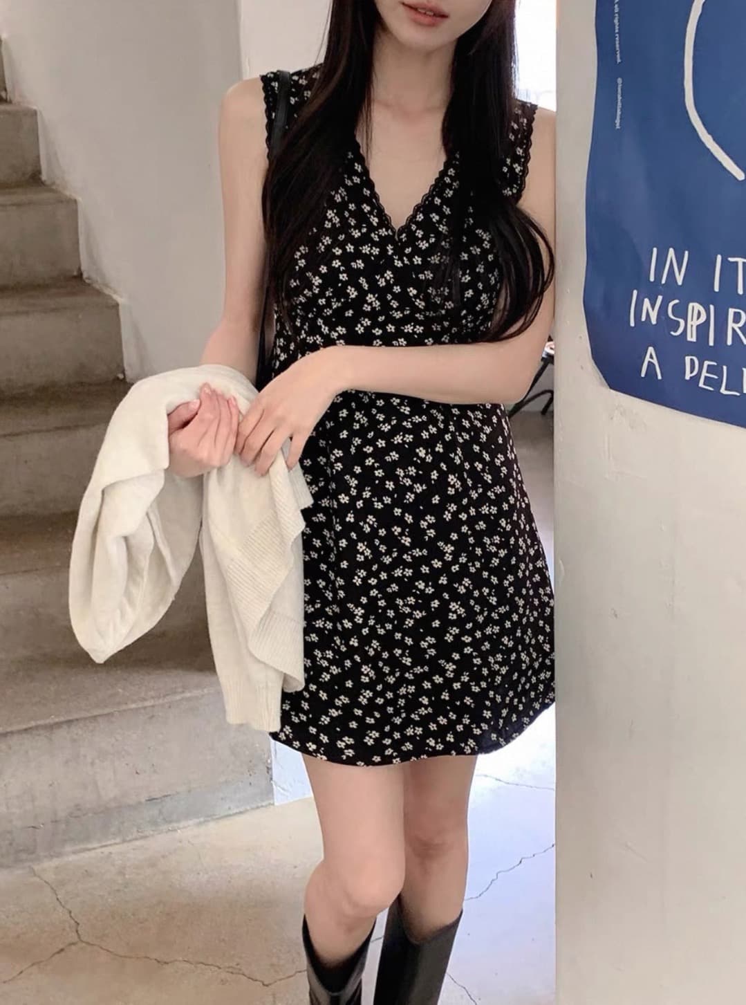 있음 선적 사이즈 업데이트 한국 chic 여름 새로운 ins 달콤함 레이스 조각 V넥 프린트 짧은 드레스 상세 이미지 10