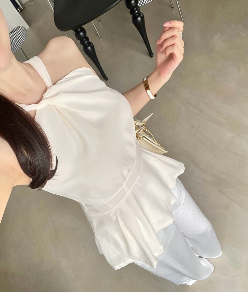 있음 선적 사이즈 업데이트 한국 chic 여름 새로운 달콤함 십자가 슬립 뒤로 부서 허리 스트랩 셔츠 상세 이미지 1