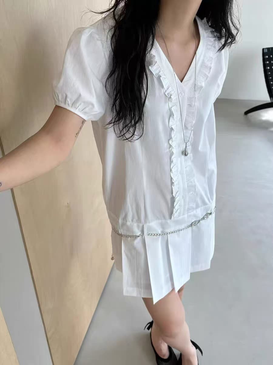 한국 chic 여름 새로운 ins 달콤함 V넥 목이버섯 레이스 플리츠 드레스 상세 이미지 2