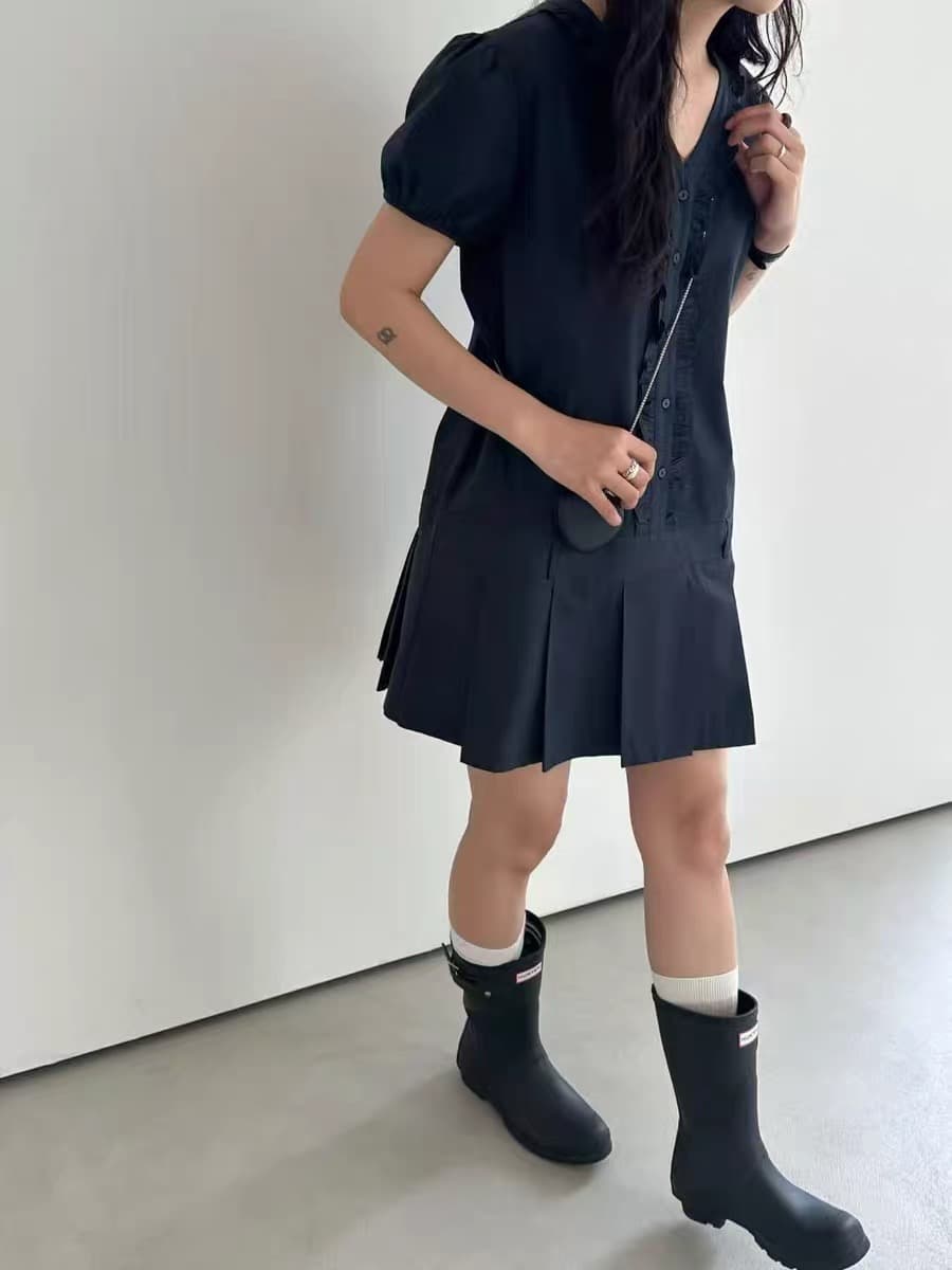 한국 chic 여름 새로운 ins 달콤함 V넥 목이버섯 레이스 플리츠 드레스 상세 이미지 6