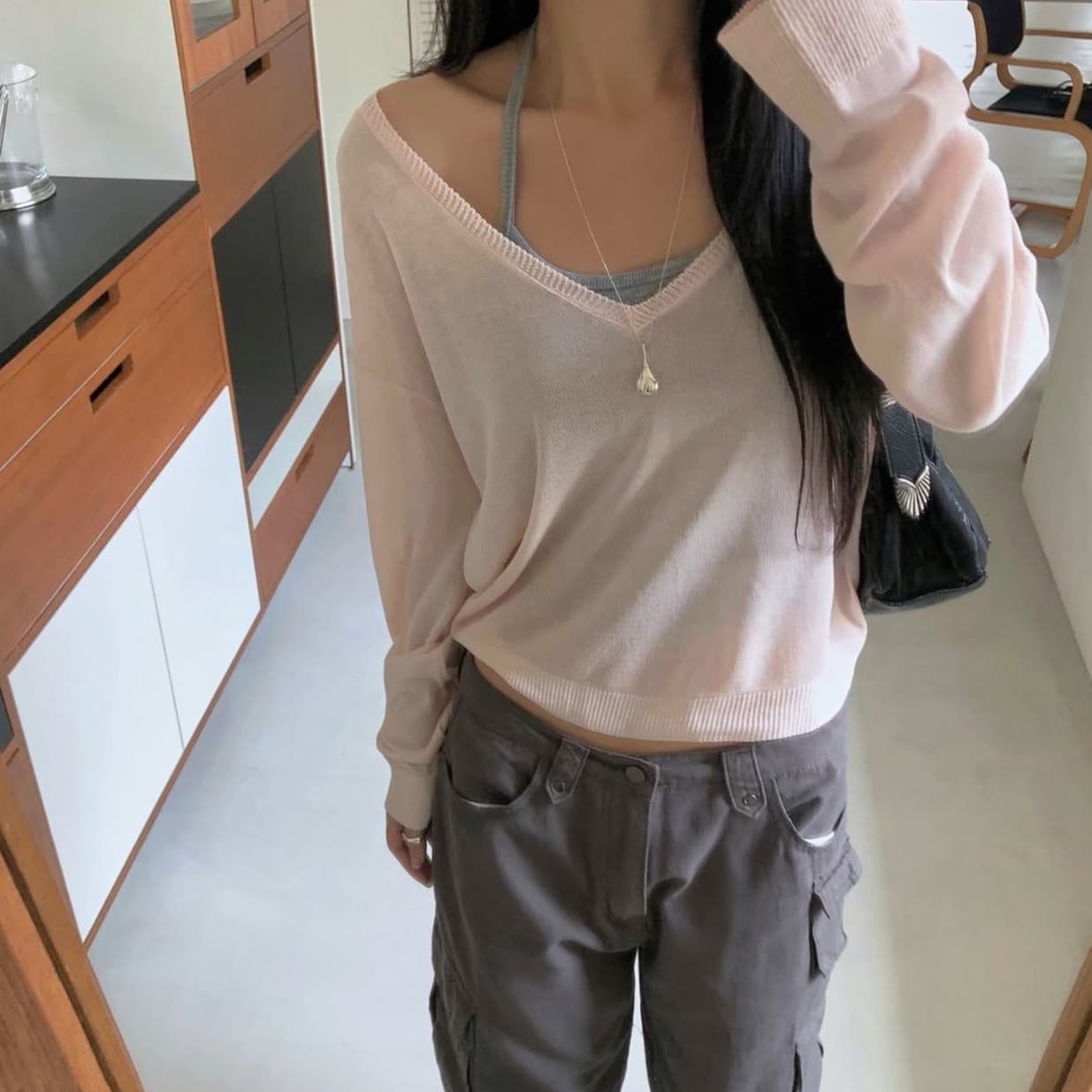있음 선적 사이즈 업데이트 한국 chic 이른 가을 새로운 ins 마이크로 ~을 통해 얇은 스타일 V넥 자외선 차단 긴팔 니트 스웨터 이미지 5