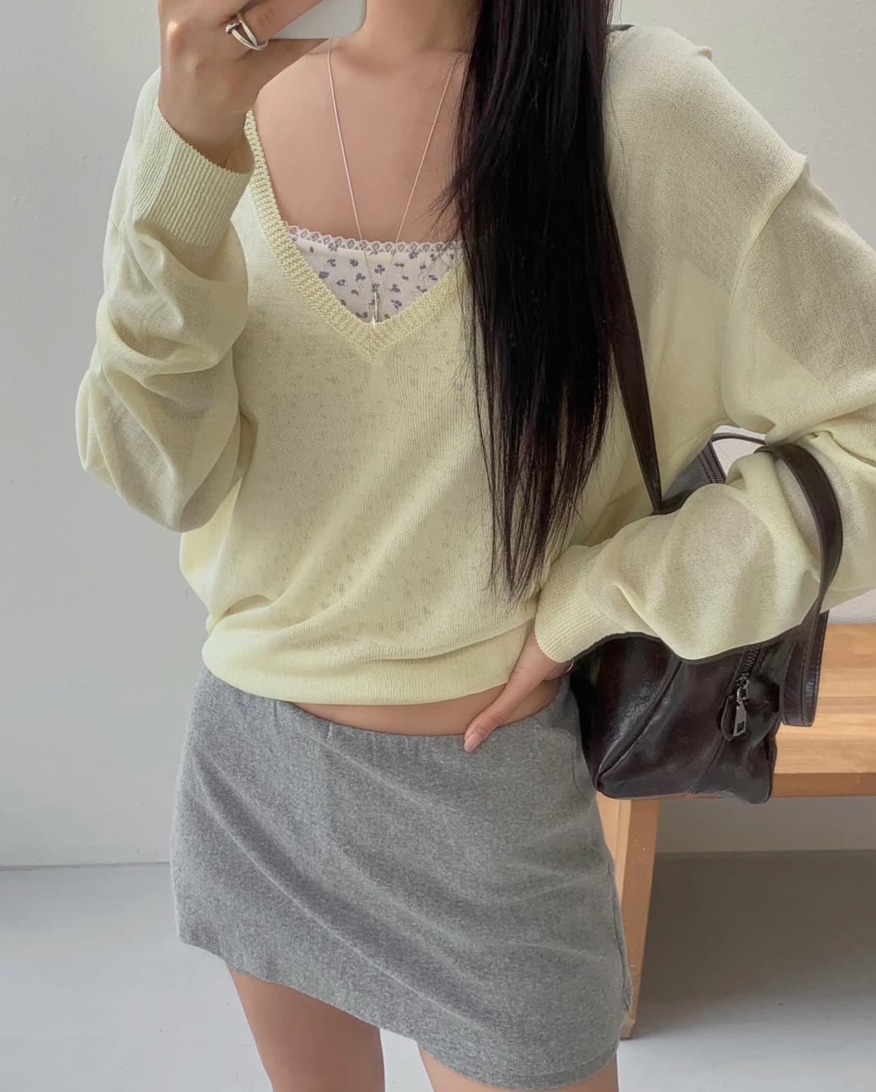 있음 선적 사이즈 업데이트 한국 chic 이른 가을 새로운 ins 마이크로 ~을 통해 얇은 스타일 V넥 자외선 차단 긴팔 니트 스웨터 상세 이미지 9