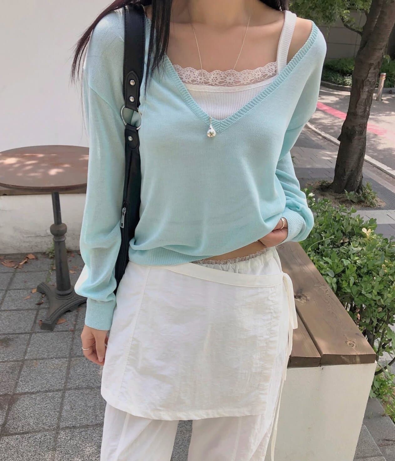 있음 선적 사이즈 업데이트 한국 chic 이른 가을 새로운 ins 마이크로 ~을 통해 얇은 스타일 V넥 자외선 차단 긴팔 니트 스웨터 상세 이미지 12