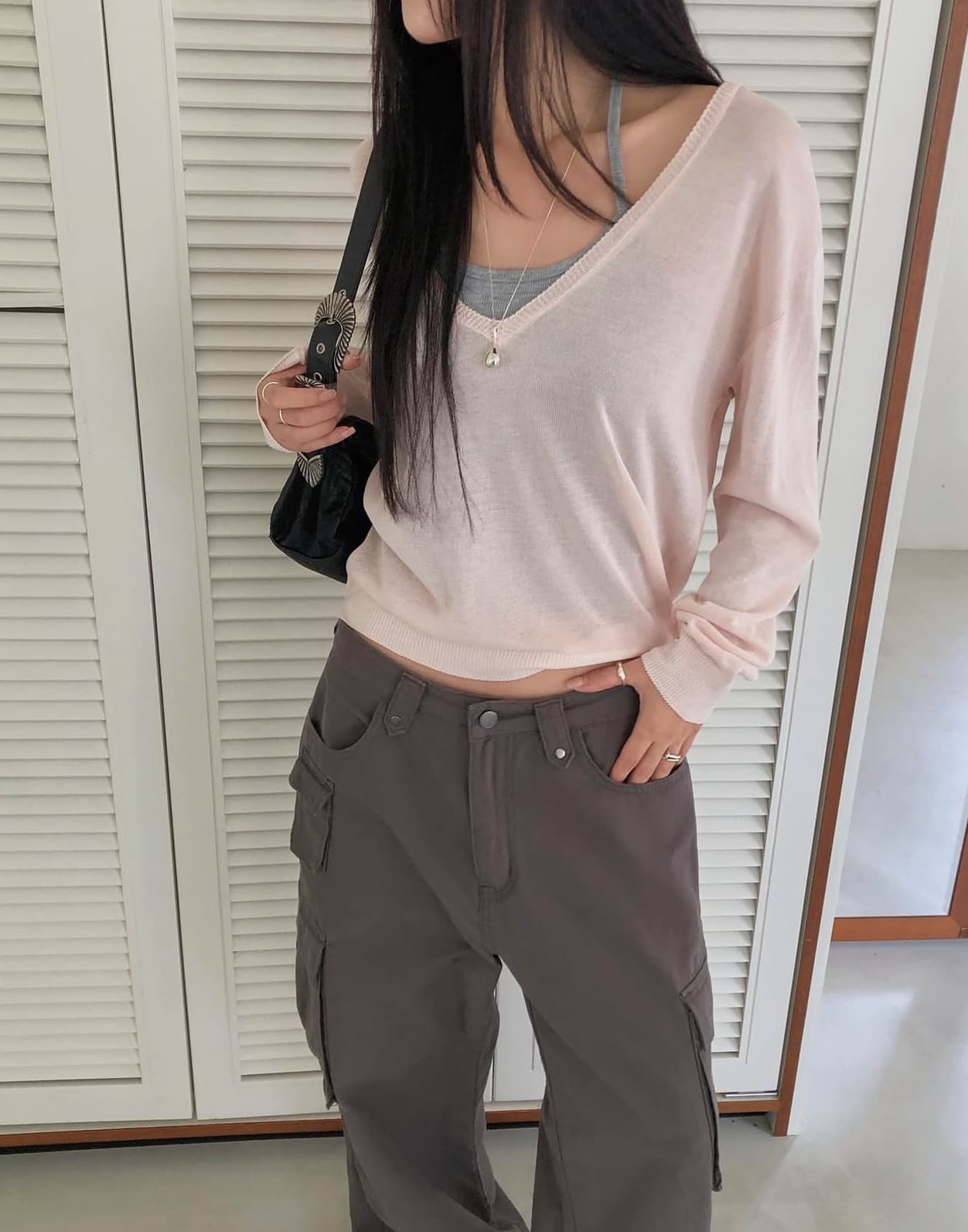 있음 선적 사이즈 업데이트 한국 chic 이른 가을 새로운 ins 마이크로 ~을 통해 얇은 스타일 V넥 자외선 차단 긴팔 니트 스웨터 상세 이미지 25