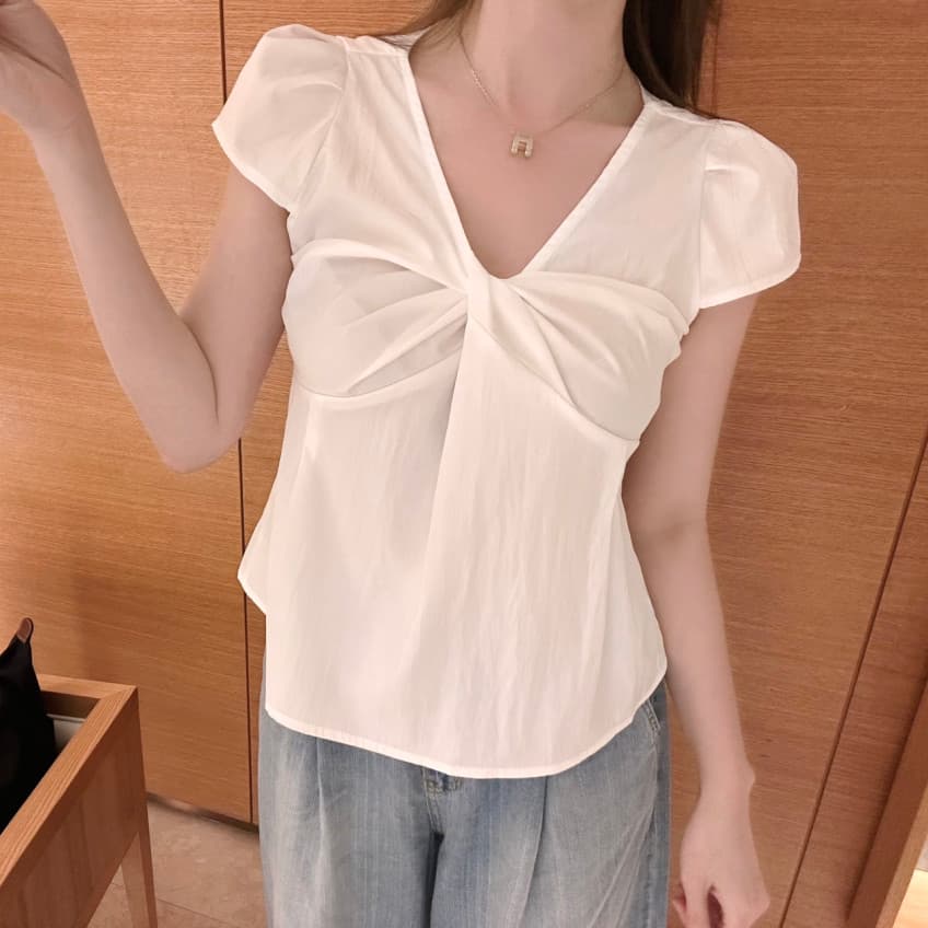 있음 선적 사이즈 업데이트 한국 chic 여름 새로운 ins 품격 V넥 비틀림 다용도 반팔 셔츠 이미지 3