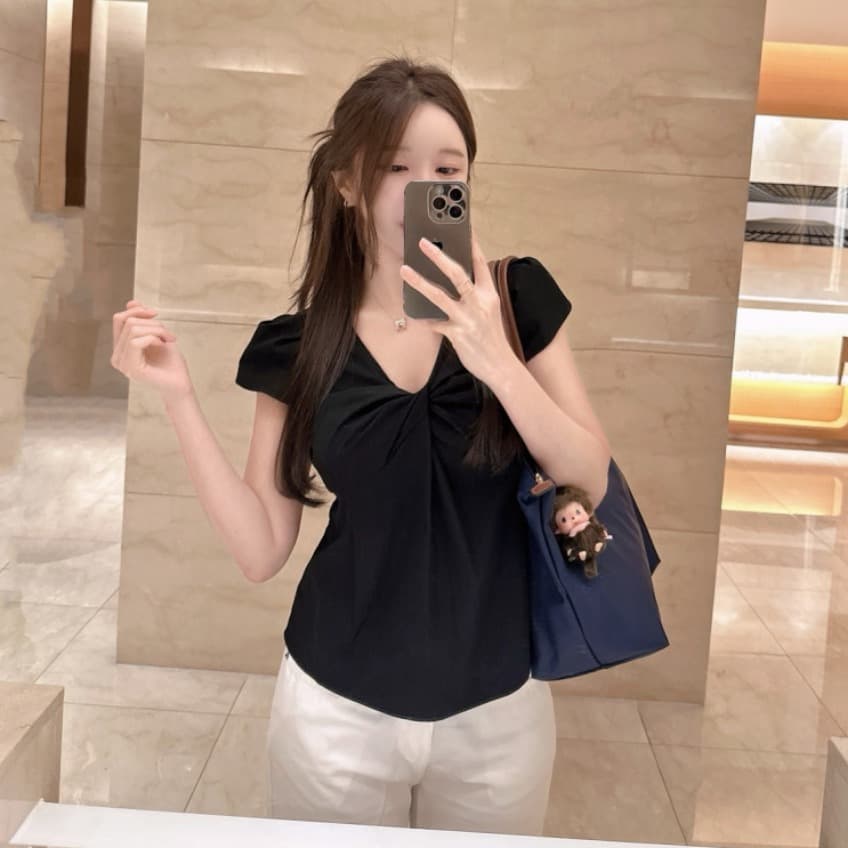 있음 선적 사이즈 업데이트 한국 chic 여름 새로운 ins 품격 V넥 비틀림 다용도 반팔 셔츠 이미지 2