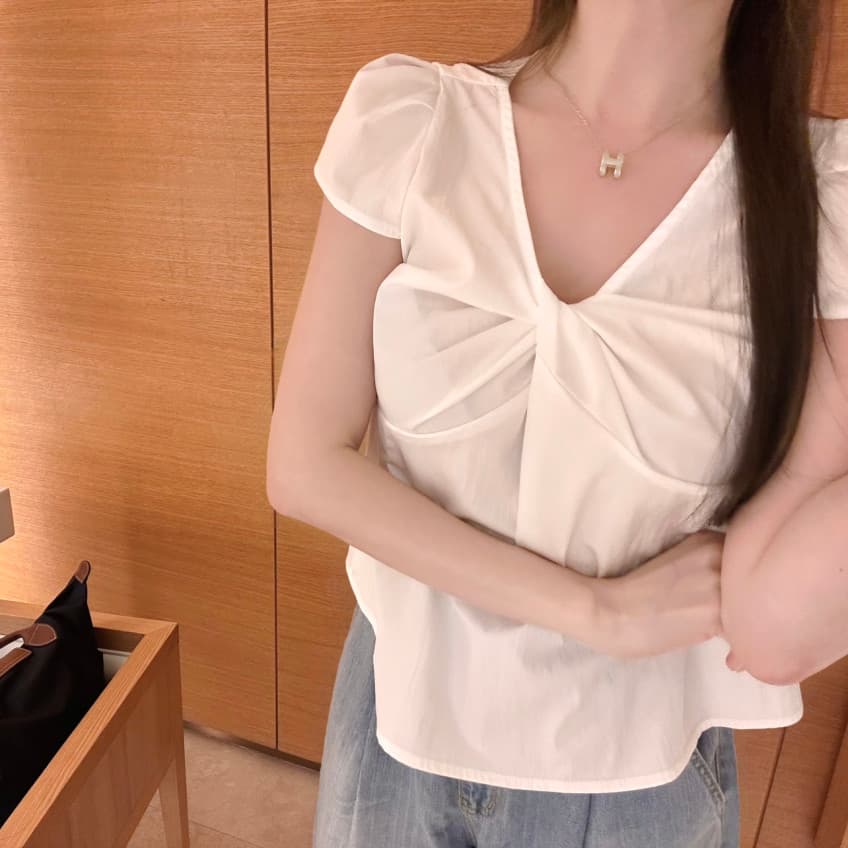 있음 선적 사이즈 업데이트 한국 chic 여름 새로운 ins 품격 V넥 비틀림 다용도 반팔 셔츠 상세 이미지 2