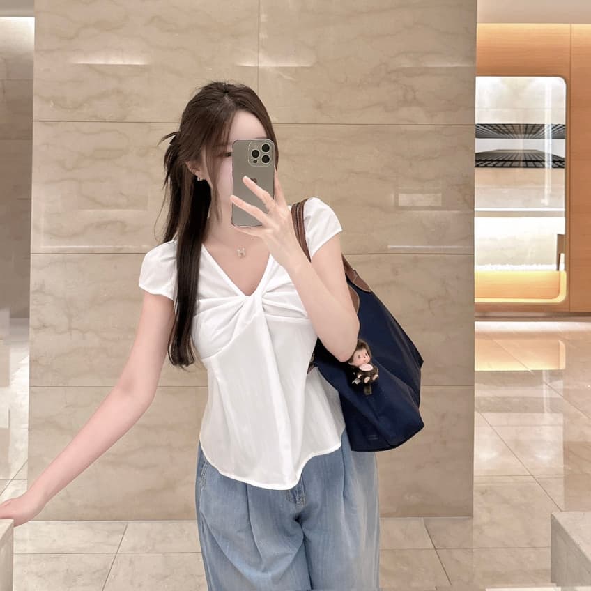 있음 선적 사이즈 업데이트 한국 chic 여름 새로운 ins 품격 V넥 비틀림 다용도 반팔 셔츠 상세 이미지 6