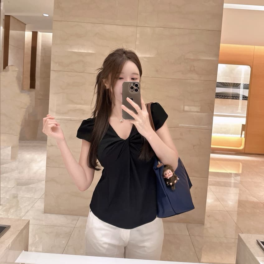 있음 선적 사이즈 업데이트 한국 chic 여름 새로운 ins 품격 V넥 비틀림 다용도 반팔 셔츠 상세 이미지 10