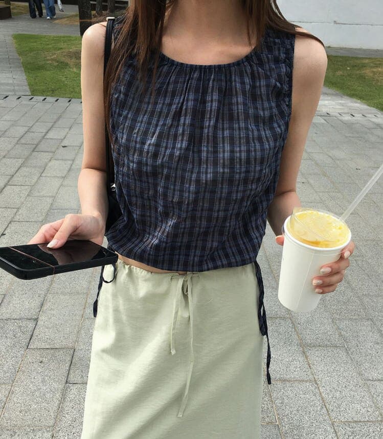 있음 선적 사이즈 업데이트 한국 chic 여름 새로운 달콤함 체크무늬 허리 펌프 로프 슬림해 보이는 민소매 셔츠