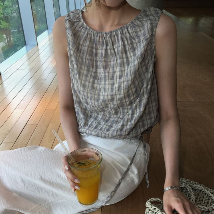 있음 선적 사이즈 업데이트 한국 chic 여름 새로운 달콤함 체크무늬 허리 펌프 로프 슬림해 보이는 민소매 셔츠 이미지 2
