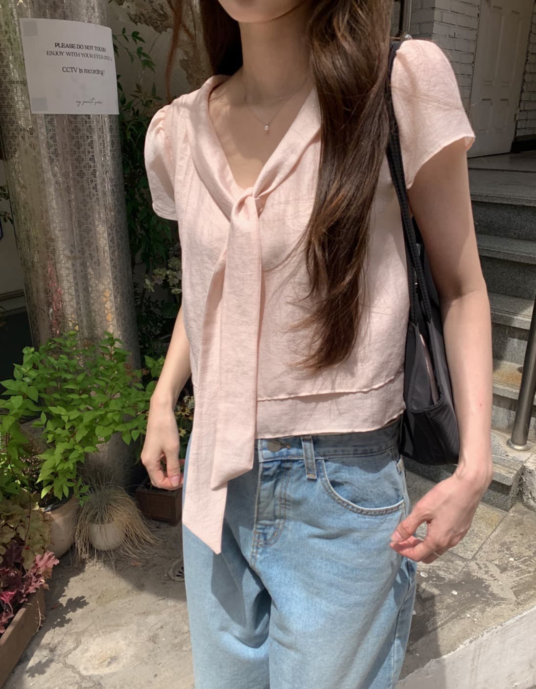 한국 chic 여름 새로운 ins 리본 품격 다용도 반팔 셔츠 이미지 3