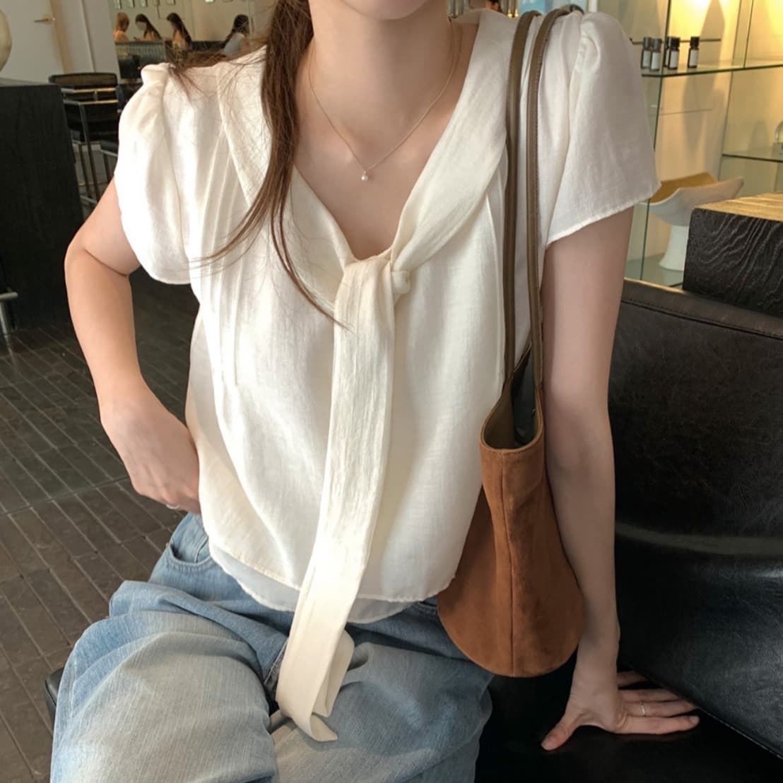 한국 chic 여름 새로운 ins 리본 품격 다용도 반팔 셔츠 이미지 5