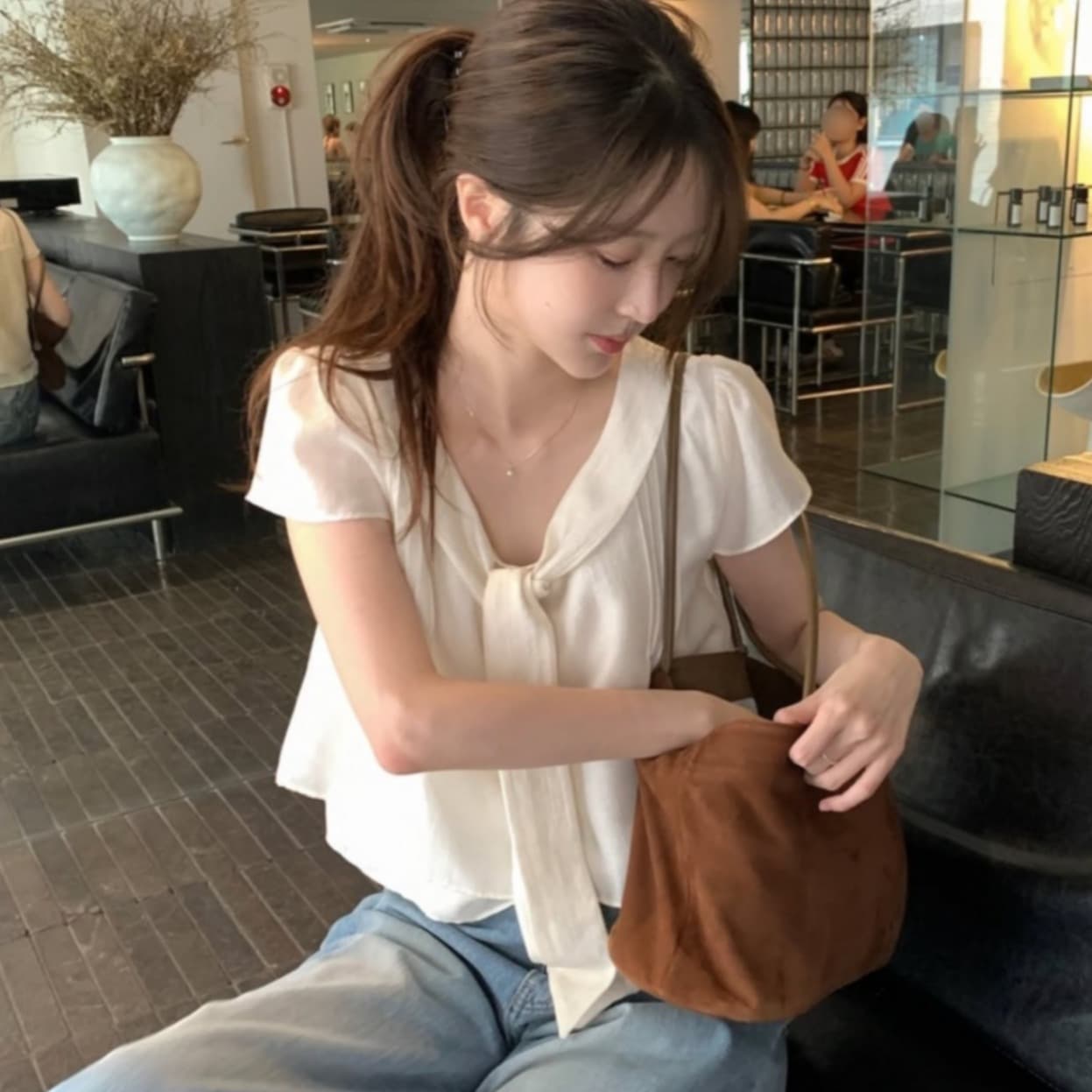 한국 chic 여름 새로운 ins 리본 품격 다용도 반팔 셔츠