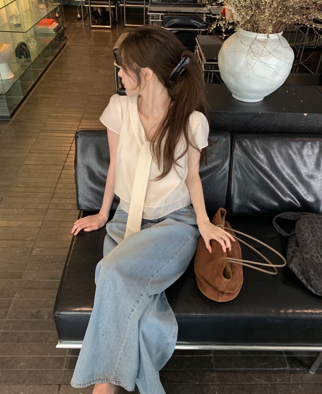 한국 chic 여름 새로운 ins 리본 품격 다용도 반팔 셔츠 상세 이미지 2