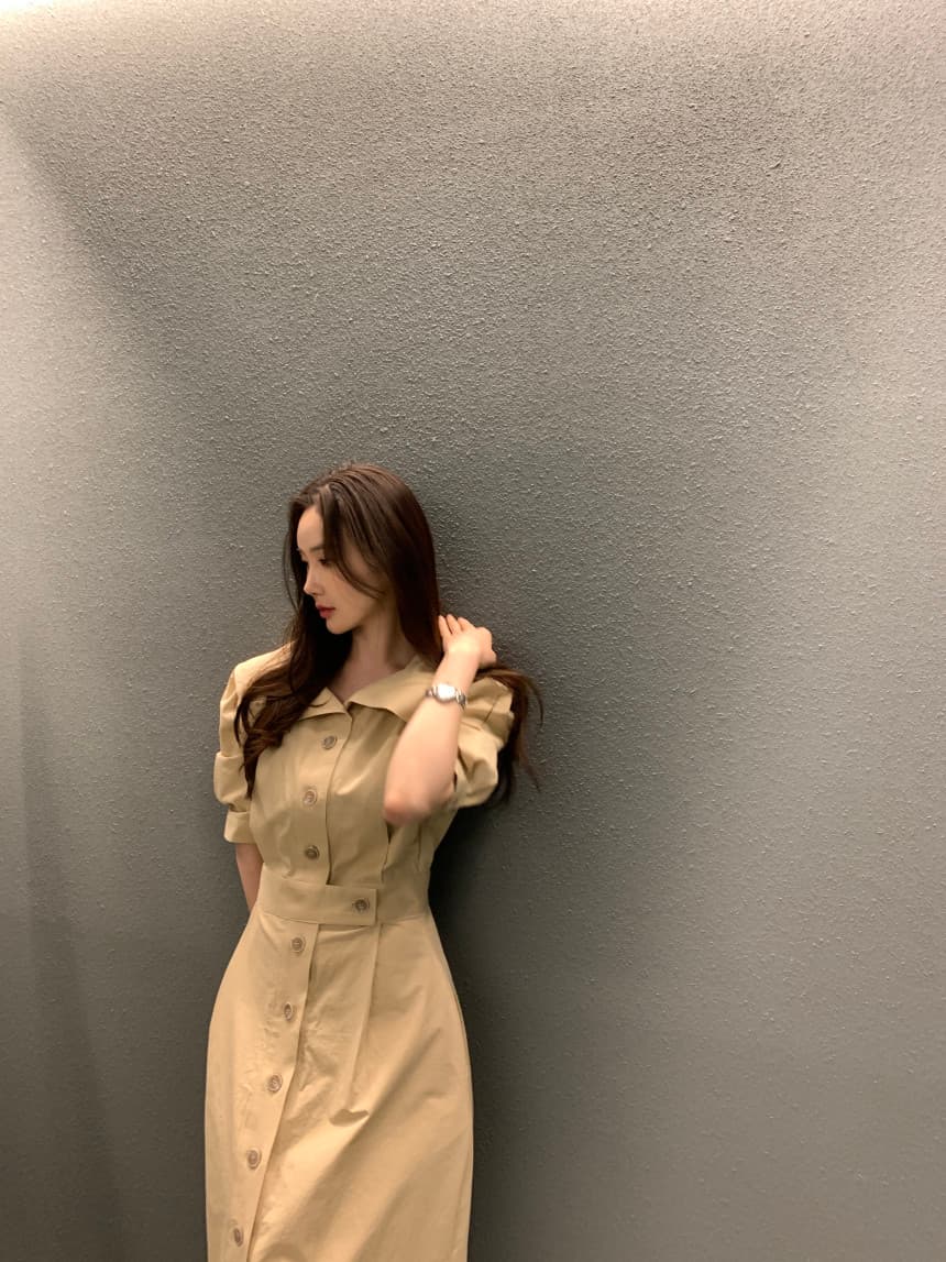 있음 선적 사이즈 업데이트 한국 chic 봄 여름 명문 여성 바람 베이비 칼라 싱글 줄 버튼 허리 수축 드레스 상세 이미지 11