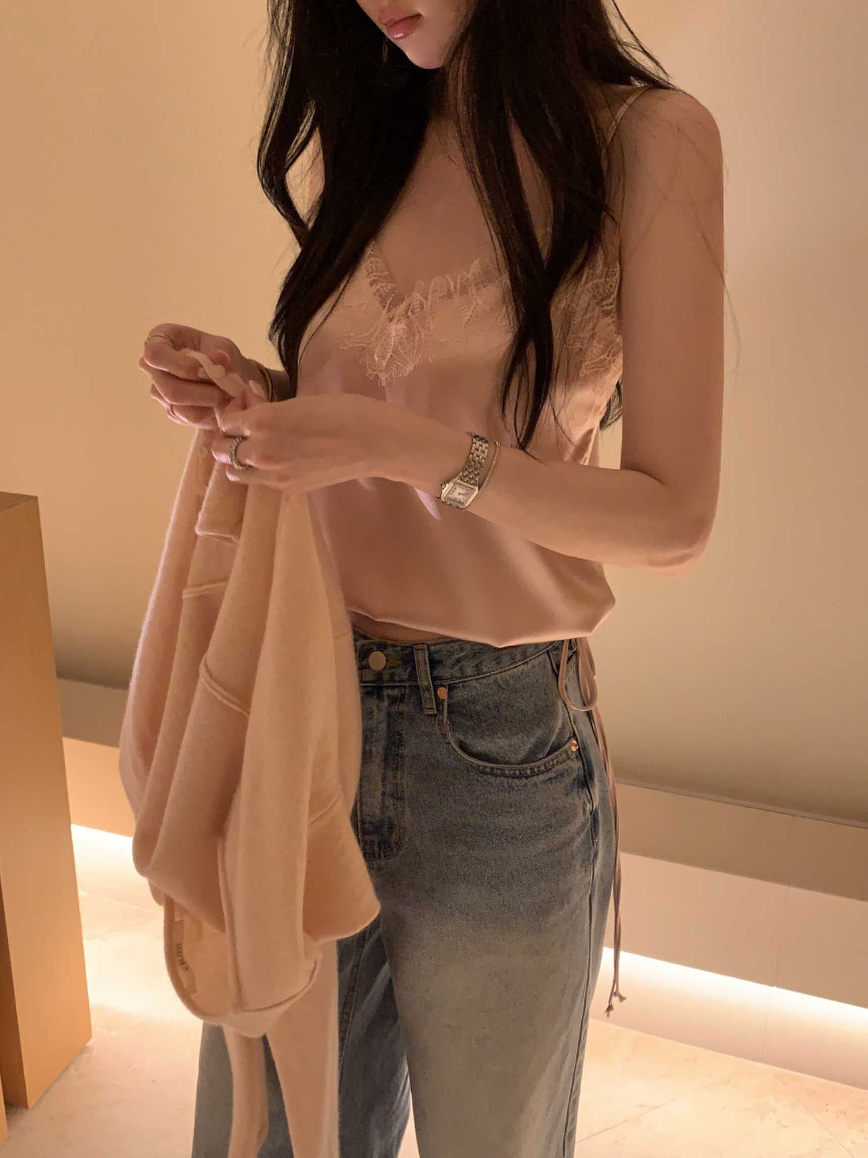 있음 선적 사이즈 업데이트 한국 chic 봄 여름 새로운 섹시함 레이스 조각 펌프 로프 캐미솔 상세 이미지 15