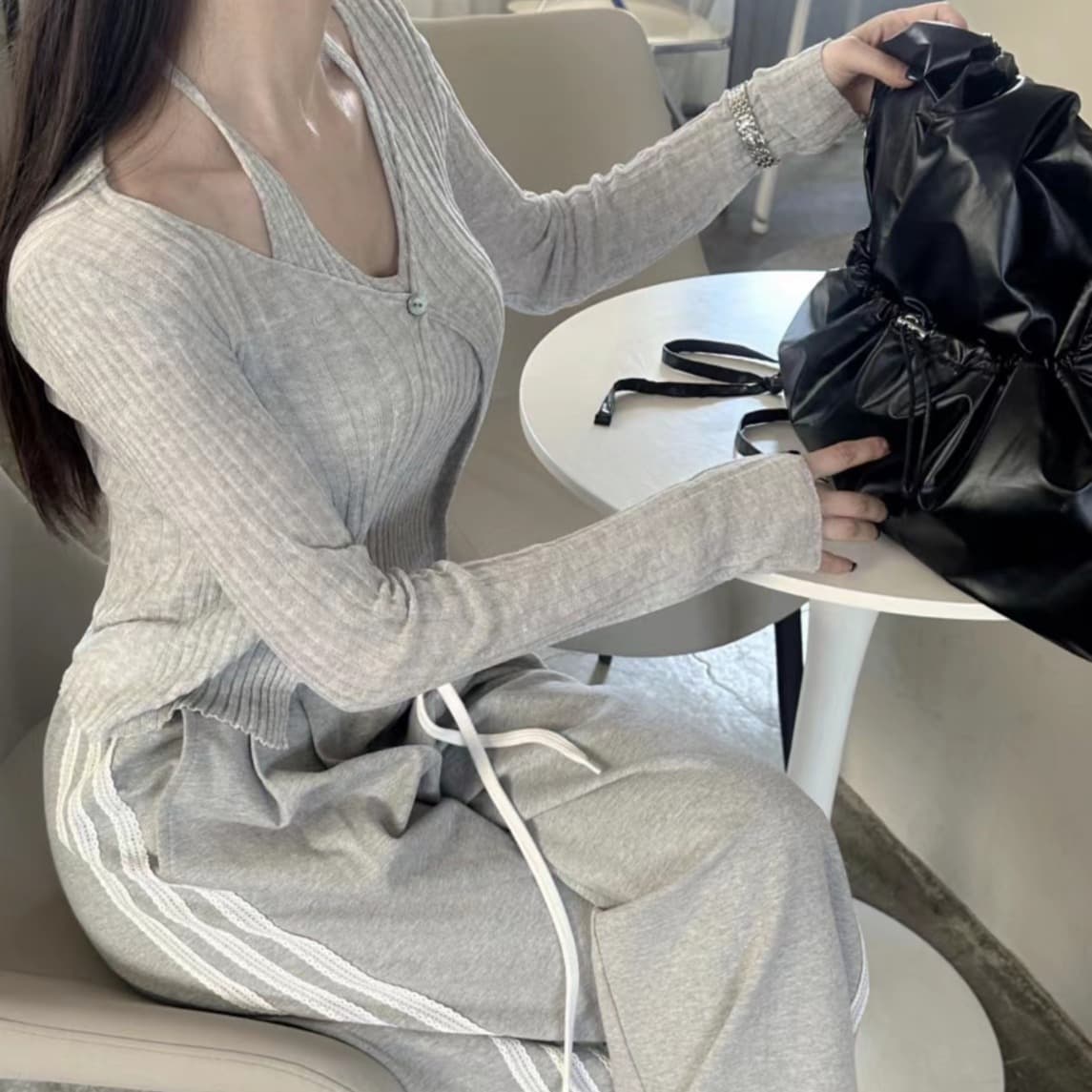 있음 선적 사이즈 업데이트 한국 chic 새로운 V 칼라 행침 목 조끼 니트 오픈 가디건 페이크 레이어드 수리 이미지 5