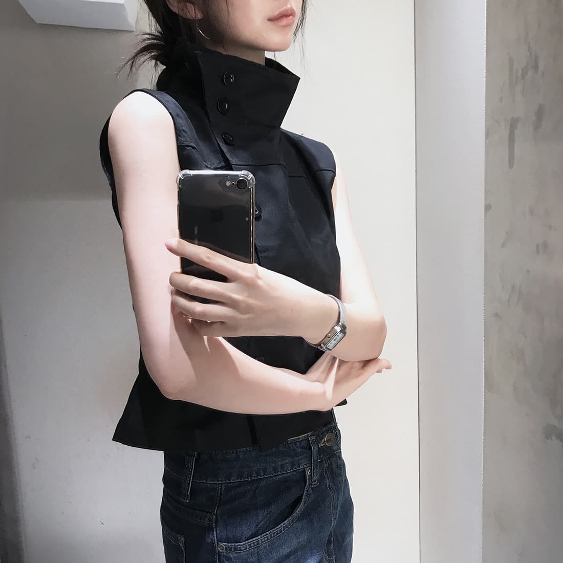 한국 chic 여름 새로운 ins 고급 센스 스탠드 칼라 레트로 단추 다용도 블라우스 상세 이미지 4