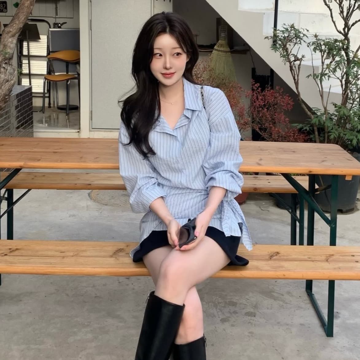 한국 chic 여름 새로운 ins 디자인 센스 품격 폴로 칼라 스트라이프 벨트 피 커튼 투피스 세트 셔츠 이미지 3