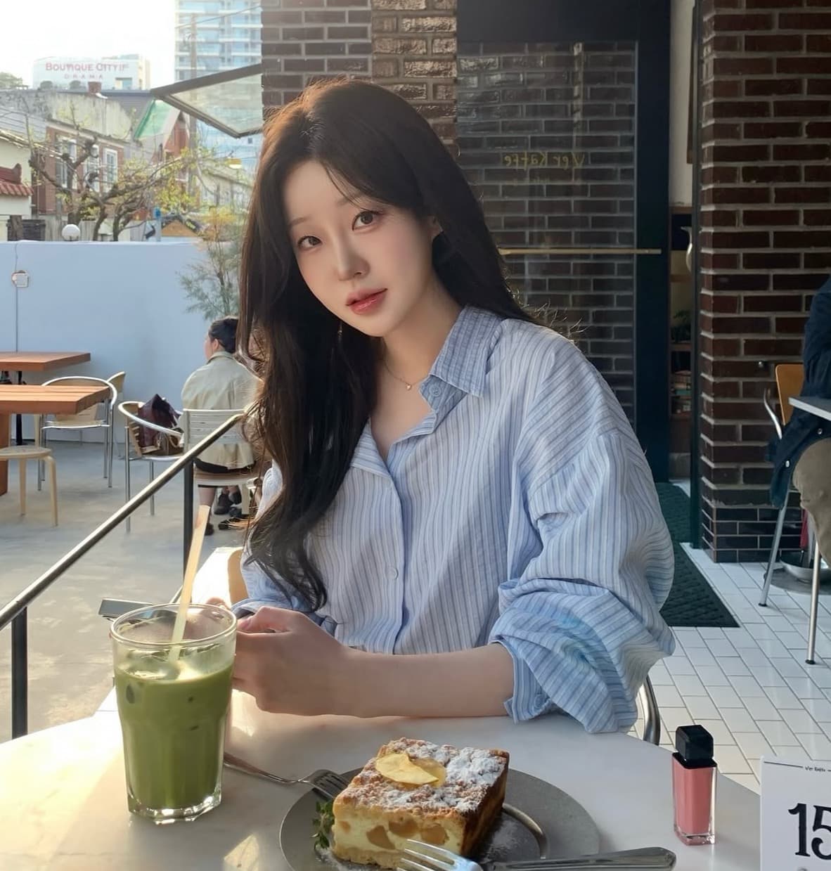 한국 chic 여름 새로운 ins 디자인 센스 품격 폴로 칼라 스트라이프 벨트 피 커튼 투피스 세트 셔츠 상세 이미지 1
