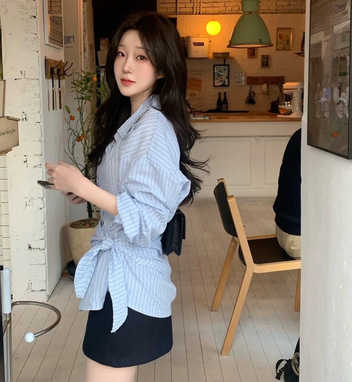 한국 chic 여름 새로운 ins 디자인 센스 품격 폴로 칼라 스트라이프 벨트 피 커튼 투피스 세트 셔츠 상세 이미지 2