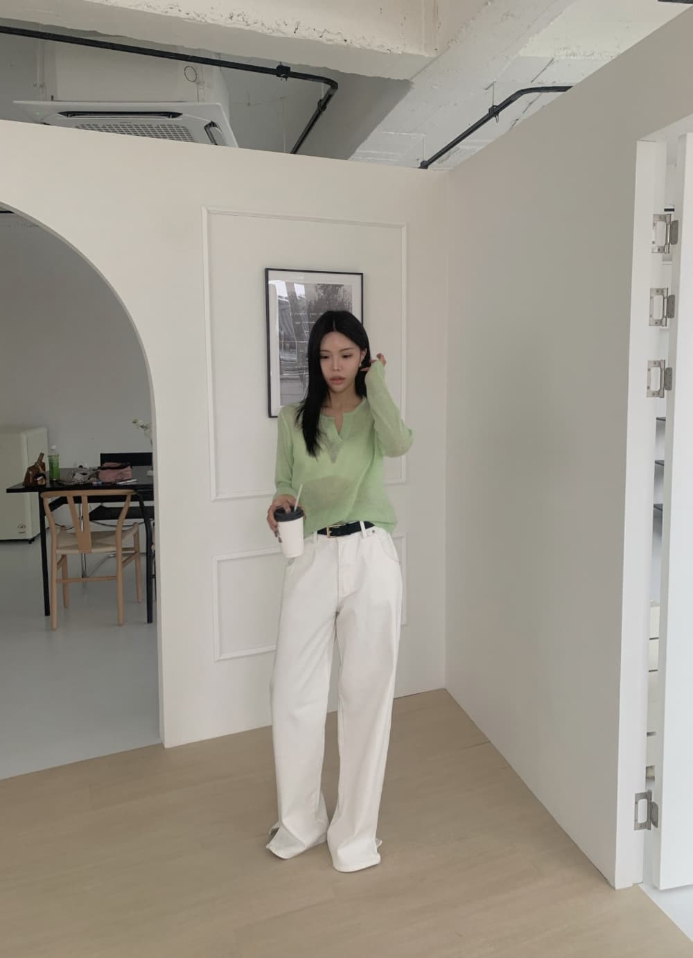 한국 chic 여름 새로운 ins 느슨함 센스 V넥 통기성 긴팔 니트 스웨터 상세 이미지 3