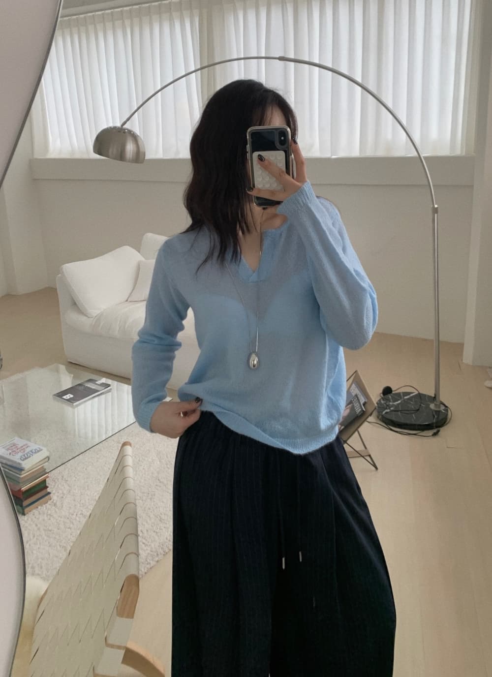 한국 chic 여름 새로운 ins 느슨함 센스 V넥 통기성 긴팔 니트 스웨터 상세 이미지 6