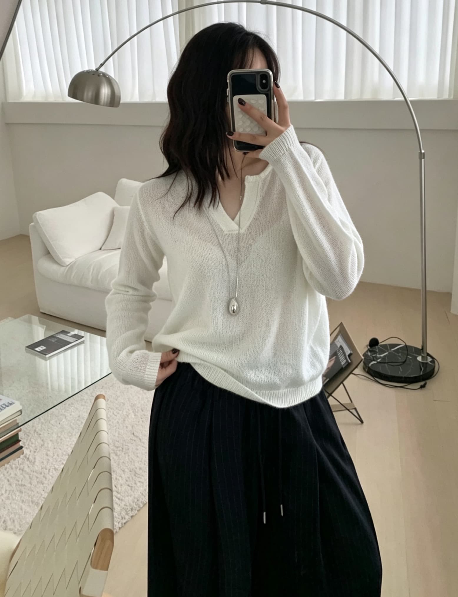 한국 chic 여름 새로운 ins 느슨함 센스 V넥 통기성 긴팔 니트 스웨터 상세 이미지 11