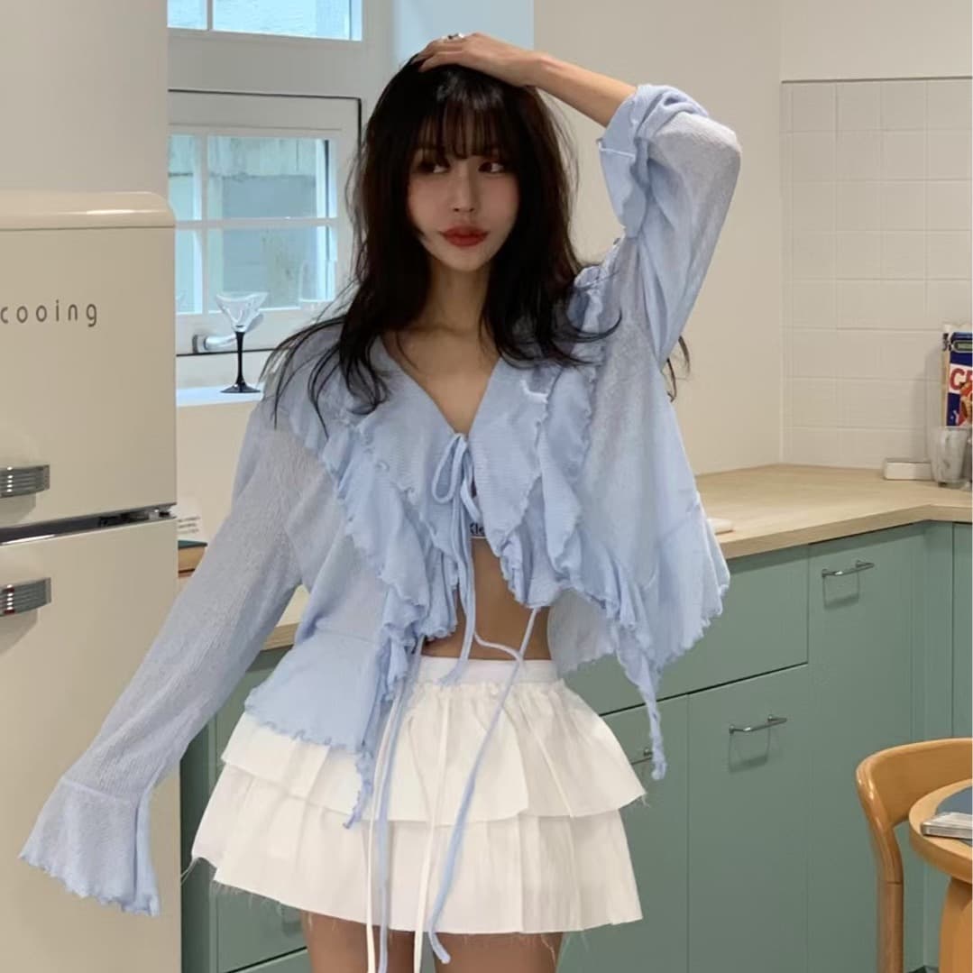 있음 선적 사이즈 업데이트 한국 chic 여름 새로운 달콤함 V넥 레이스업 나팔 소매 긴팔 오픈 가디건