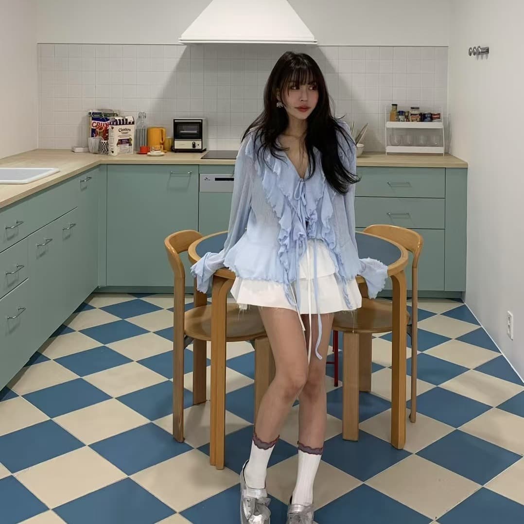 있음 선적 사이즈 업데이트 한국 chic 여름 새로운 달콤함 V넥 레이스업 나팔 소매 긴팔 오픈 가디건 이미지 3
