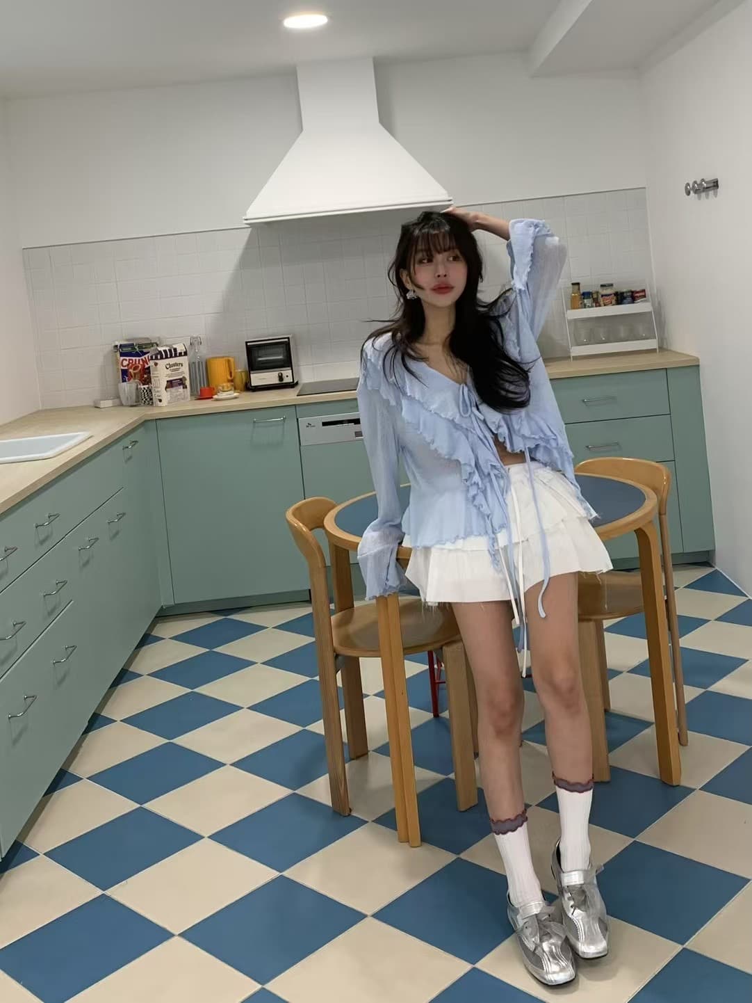 있음 선적 사이즈 업데이트 한국 chic 여름 새로운 달콤함 V넥 레이스업 나팔 소매 긴팔 오픈 가디건 상세 이미지 4