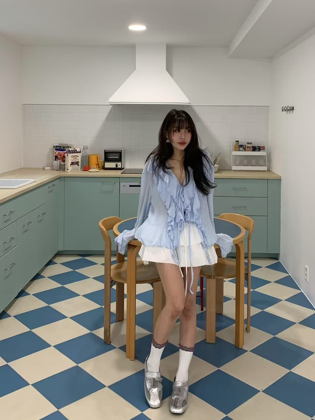 있음 선적 사이즈 업데이트 한국 chic 여름 새로운 달콤함 V넥 레이스업 나팔 소매 긴팔 오픈 가디건 상세 이미지 5